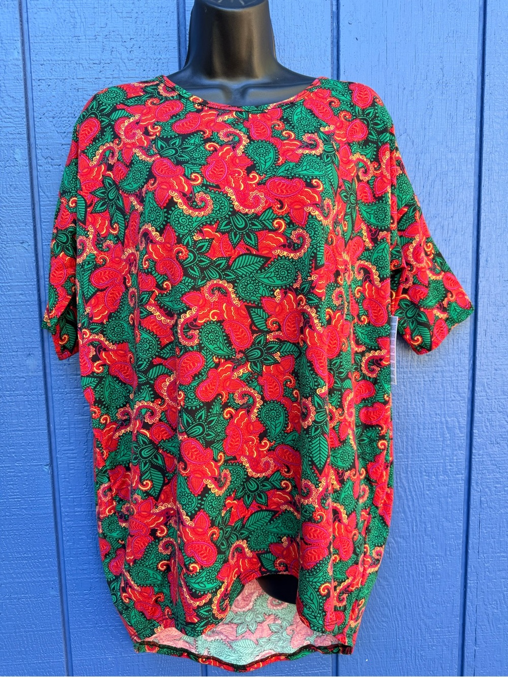 LuLaRoe Red and Green Paisley Short Sleeve Tee